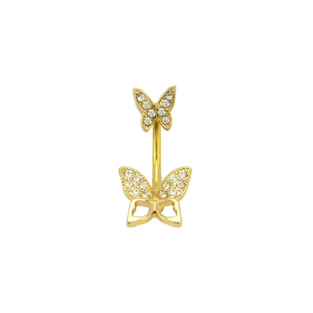 CZ Goldtone Double Butterfly Belly Ring - 14 Gauge