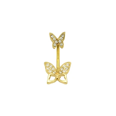 CZ Goldtone Double Butterfly Belly Ring - 14 Gauge