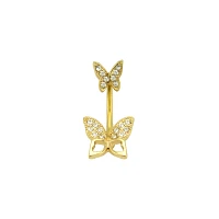 CZ Goldtone Double Butterfly Belly Ring - 14 Gauge