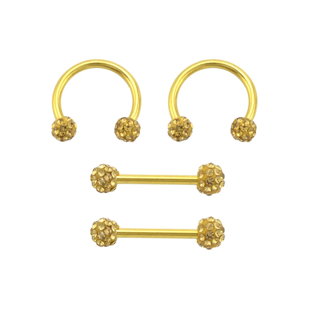 Multi-Pack Goldtone Pave Nipple Barbells and Horseshoe Rings 4 Pack - 14 Gauge
