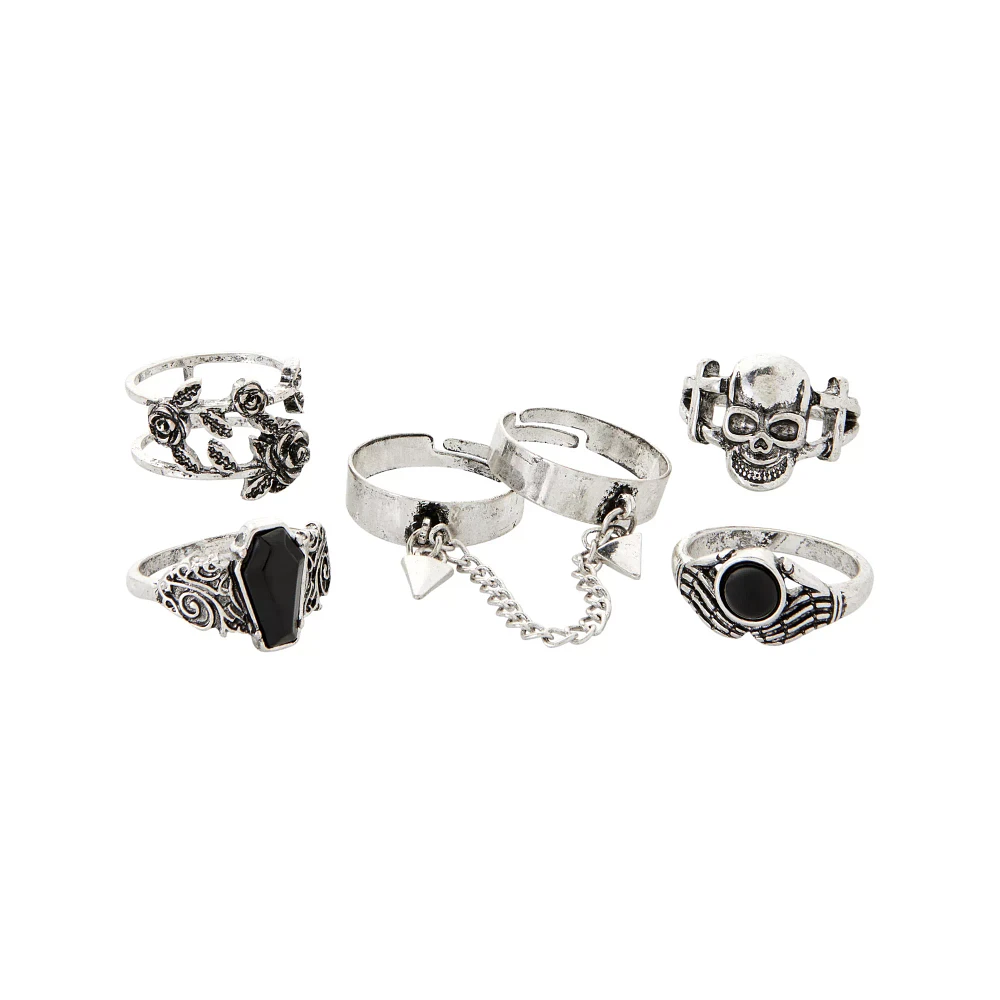 Multi-Pack Chain Rose Skull Coffin Rings - 5 Pack