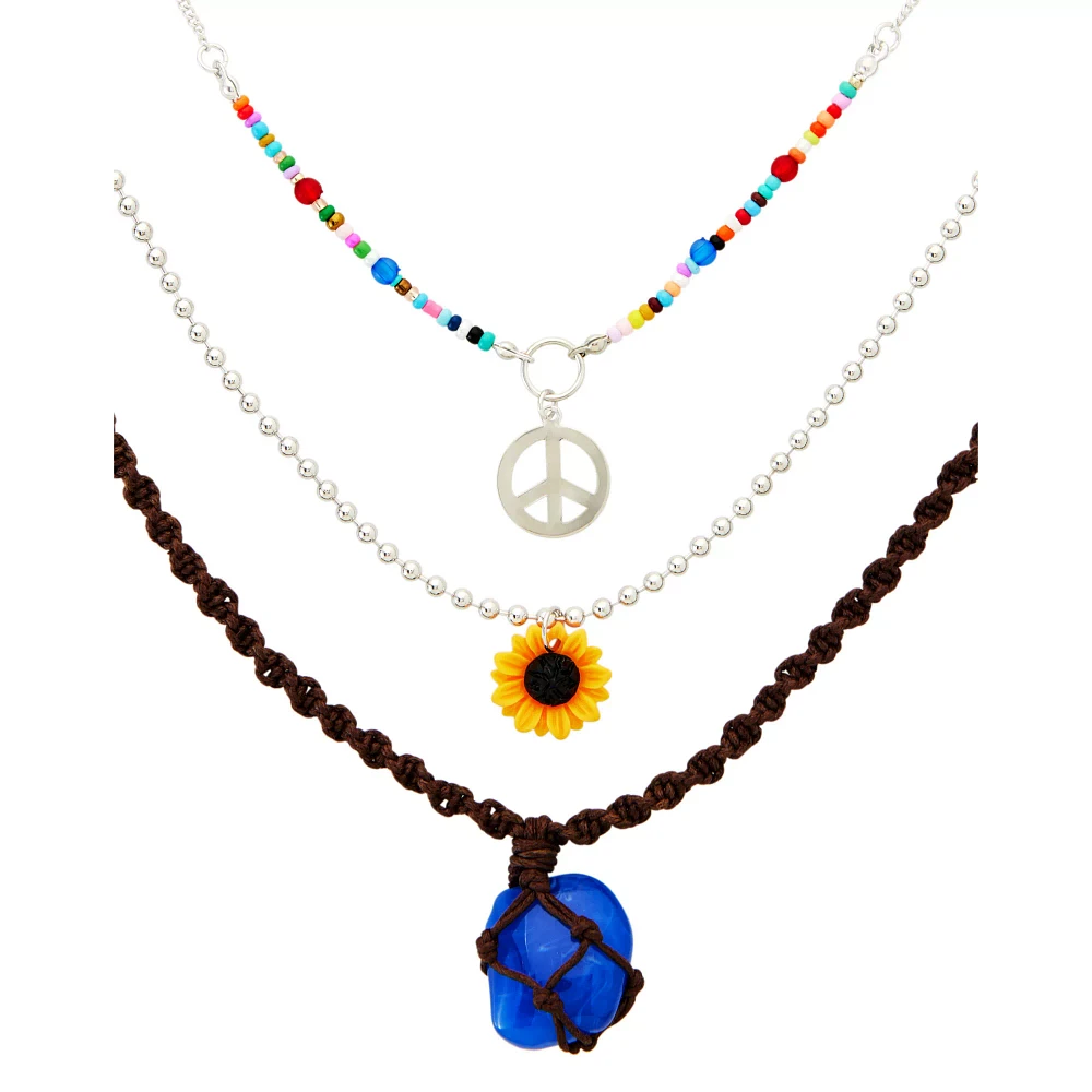 3 Row Peace Sign and Sunflower Beaded and Chain Necklace