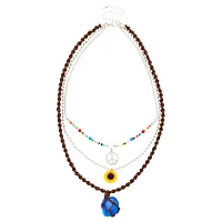 3 Row Peace Sign and Sunflower Beaded and Chain Necklace