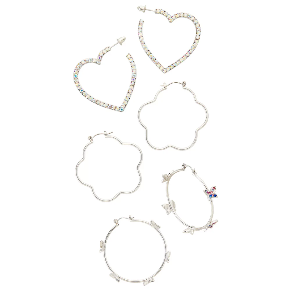 Multi-Pack CZ Heart and Glitter Butterfly Hoop Earrings - 3 Pair