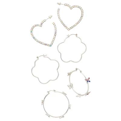 Multi-Pack CZ Heart and Glitter Butterfly Hoop Earrings - 3 Pair