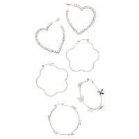 Multi-Pack CZ Heart and Glitter Butterfly Hoop Earrings - 3 Pair