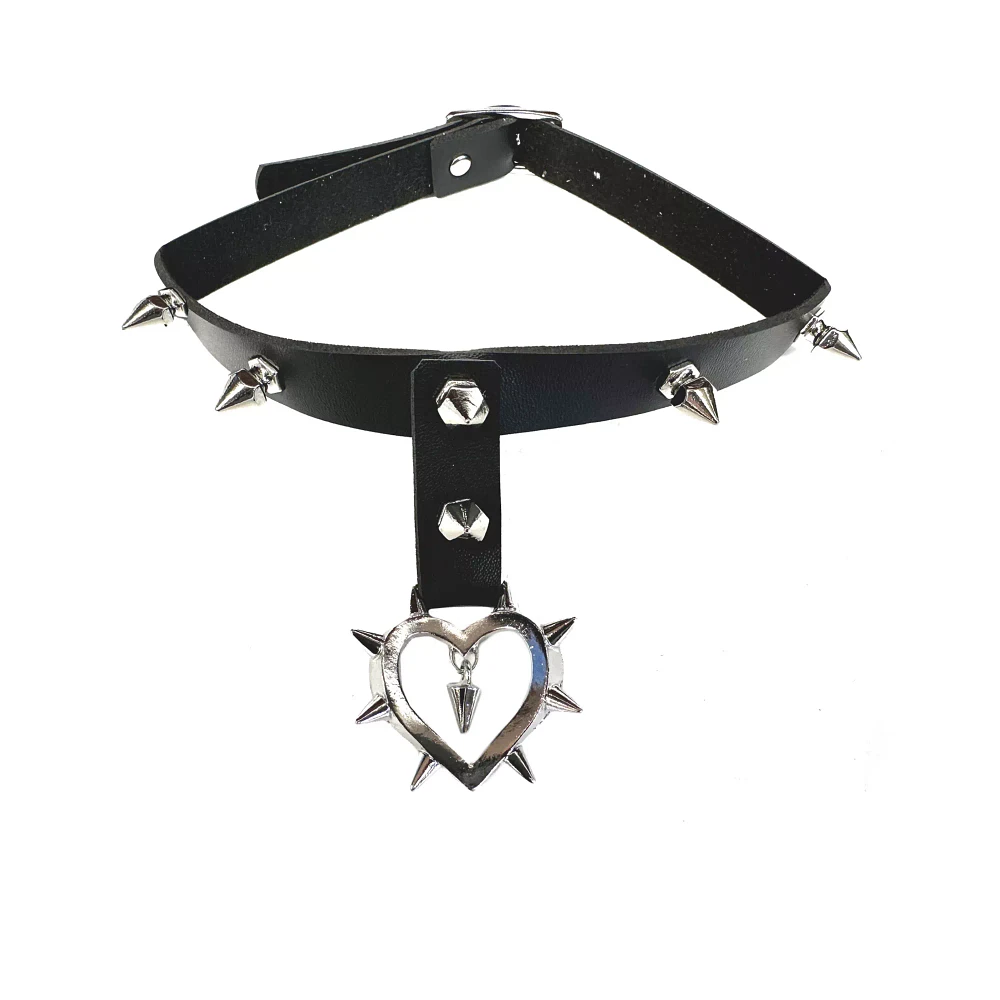 Faux Leather Spiked Heart Dangle Choker Necklace