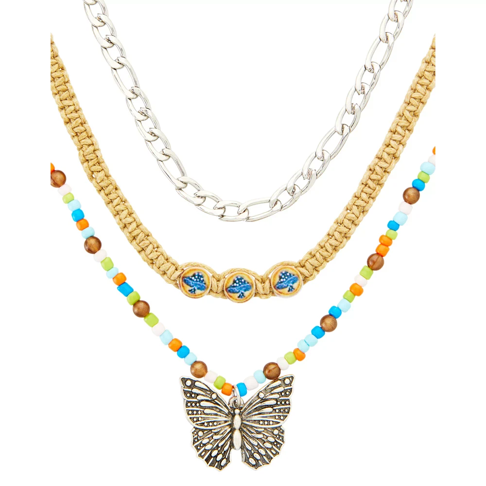 Multi-Pack Butterfly Beaded and Chain Choker Necklaces - 3 Pack