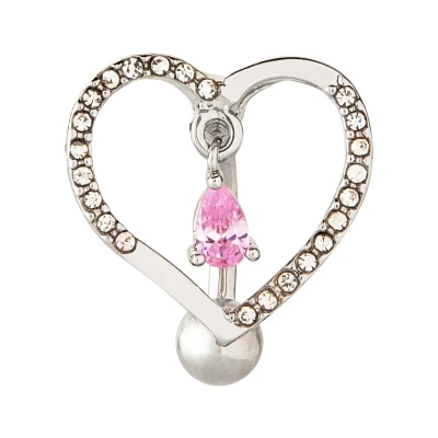 Pink CZ Dangle Heart Belly Button Ring - 14 Gauge