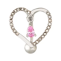 Pink CZ Dangle Heart Belly Button Ring - 14 Gauge