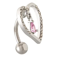 Pink CZ Dangle Heart Belly Button Ring - 14 Gauge