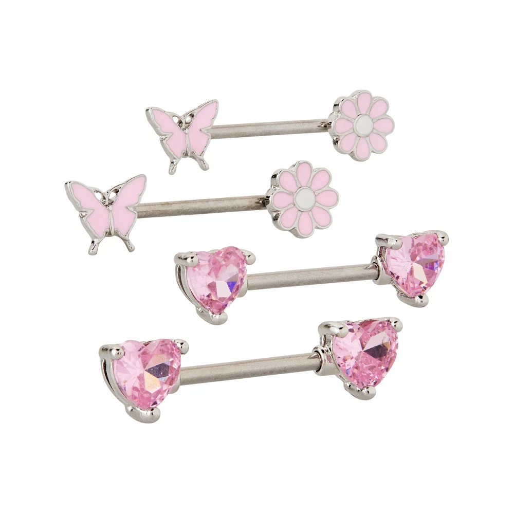 Multi-Pack Pink Flower Heart and Butterfly Nipple Barbells 2 Pair - 14 Gauge