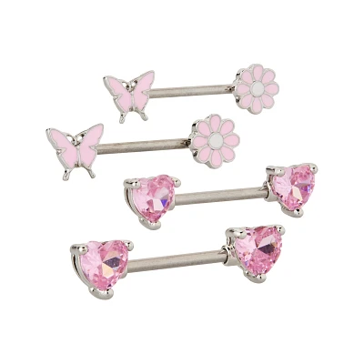 Multi-Pack Pink Flower Heart and Butterfly Nipple Barbells 2 Pair - 14 Gauge