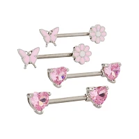 Multi-Pack Pink Flower Heart and Butterfly Nipple Barbells 2 Pair - 14 Gauge