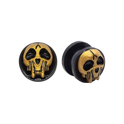 Black and Gold Cat Skull Plugs - 00 Gauge