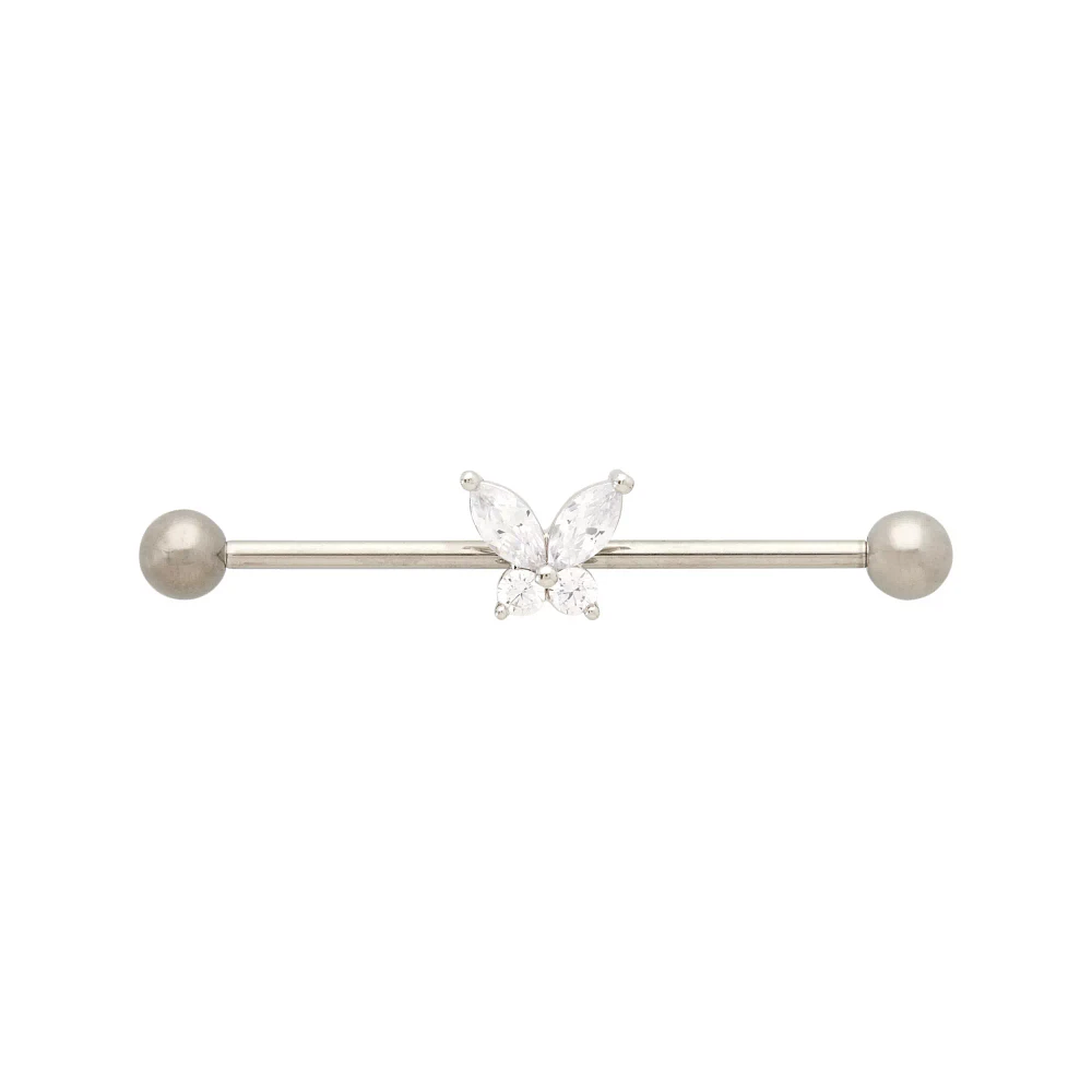 CZ Silvertone Titanium Butterfly Industrial Barbell - 14 Gauge