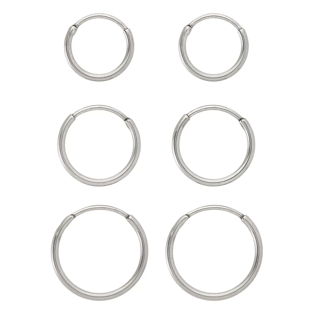 Multi-Pack Silvertone Titanium Hoop Earrings 3 Pair - 20 Gauge