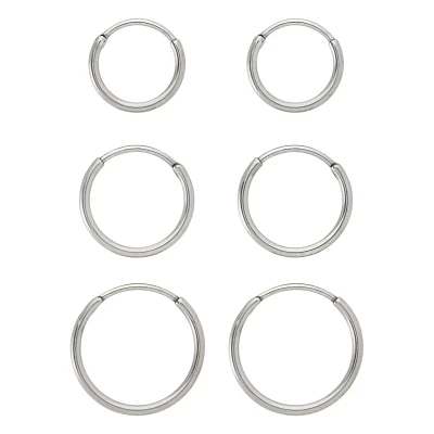 Multi-Pack Silvertone Titanium Hoop Earrings 3 Pair - 20 Gauge