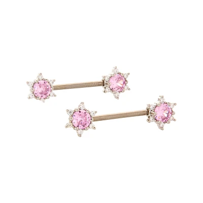 CZ Pink Flower Nipple Barbells - 14 Gauge
