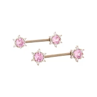 CZ Pink Flower Nipple Barbells - 14 Gauge