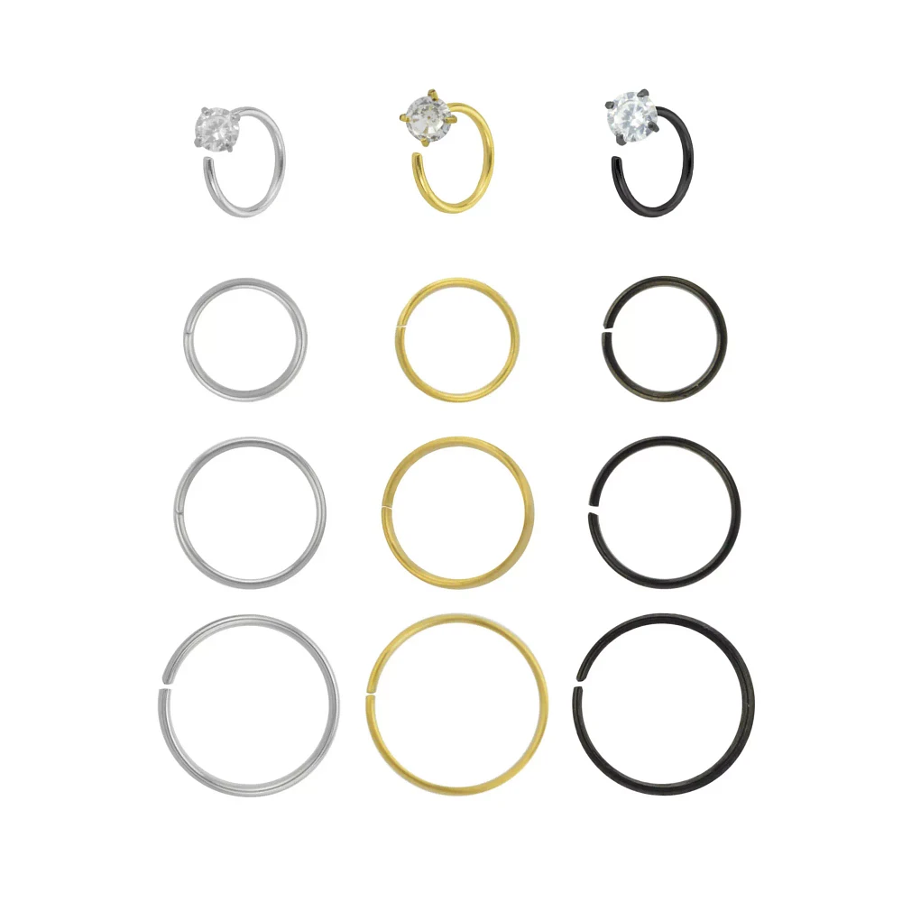 Multi-Pack Round CZ Black and Goldtone Hoop Nose Rings 12 Pack - 20 Gauge