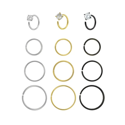 Multi-Pack Round CZ Black and Goldtone Hoop Nose Rings 12 Pack - 20 Gauge