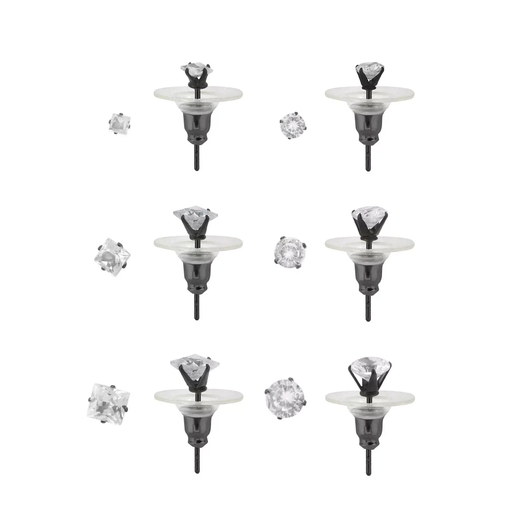 Multi-Pack CZ Round and Square Cut Stud Earrings - 6 Pair