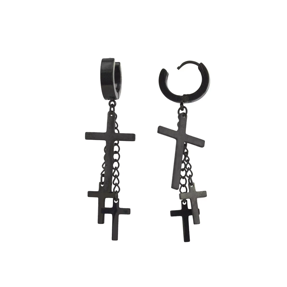 Black Triple Cross Titanium Dangle Huggie Hoop Earrings