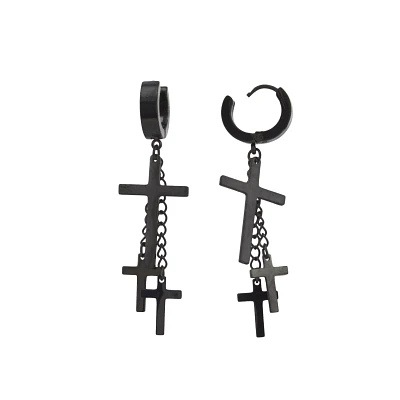 Black Triple Cross Titanium Dangle Huggie Hoop Earrings