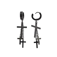 Black Triple Cross Titanium Dangle Huggie Hoop Earrings
