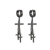 Black Triple Cross Titanium Dangle Huggie Hoop Earrings