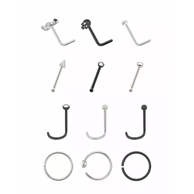Multi-Pack Skull Pin Hoop and L-Bend Nose Rings 12 Pack - 20 Gauge