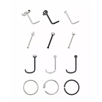 Multi-Pack Skull Pin Hoop and L-Bend Nose Rings 12 Pack - 20 Gauge