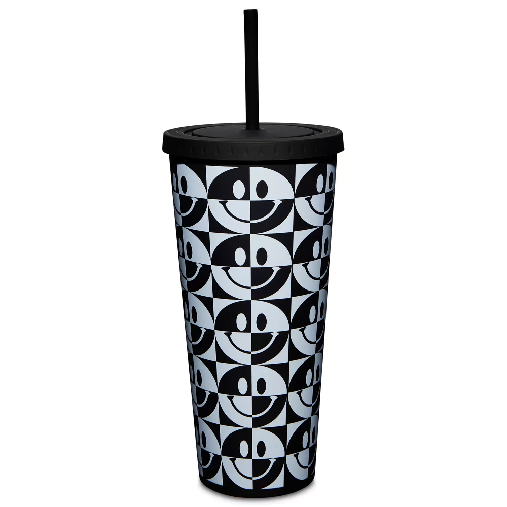 Black and White Smiley Cup with Straw - 24 oz.