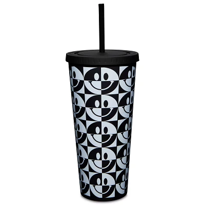 Black and White Smiley Cup with Straw - 24 oz.