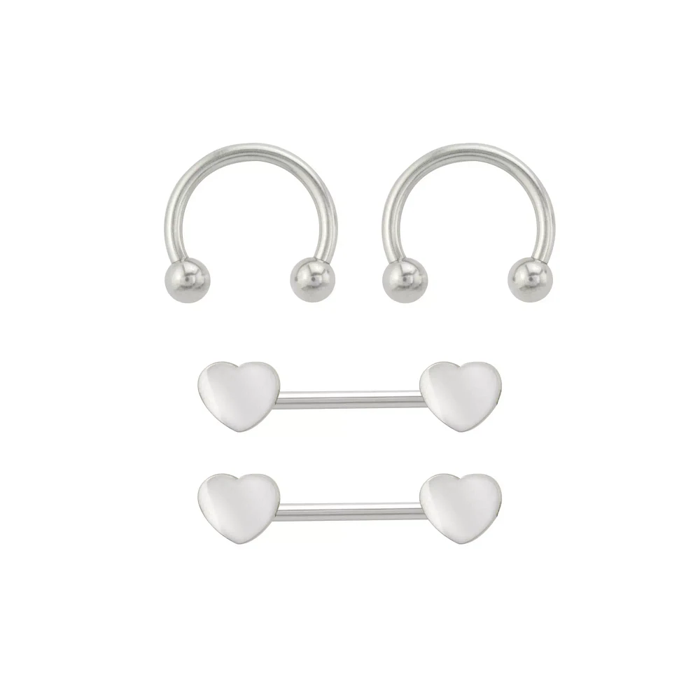 Multi-Pack Silvertone Heart Horseshoes and Barbell Nipple Rings - 14 Gauge