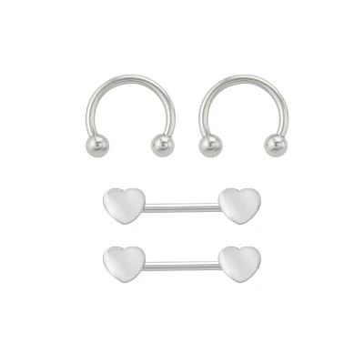 Multi-Pack Silvertone Heart Horseshoes and Barbell Nipple Rings - 14 Gauge