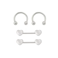 Multi-Pack Silvertone Heart Horseshoes and Barbell Nipple Rings - 14 Gauge