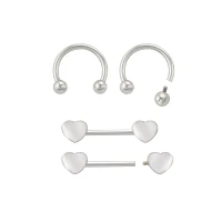 Multi-Pack Silvertone Heart Horseshoes and Barbell Nipple Rings - 14 Gauge