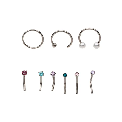 Multi-Pack CZ Pink and Blue Hoop Nose Rings and L-Bend Nose Rings 9 Pack - 20 Gauge