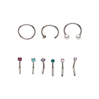 Multi-Pack CZ Pink and Blue Hoop Nose Rings and L-Bend Nose Rings 9 Pack - 20 Gauge