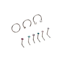 Multi-Pack CZ Pink and Blue Hoop Nose Rings and L-Bend Nose Rings 9 Pack - 20 Gauge