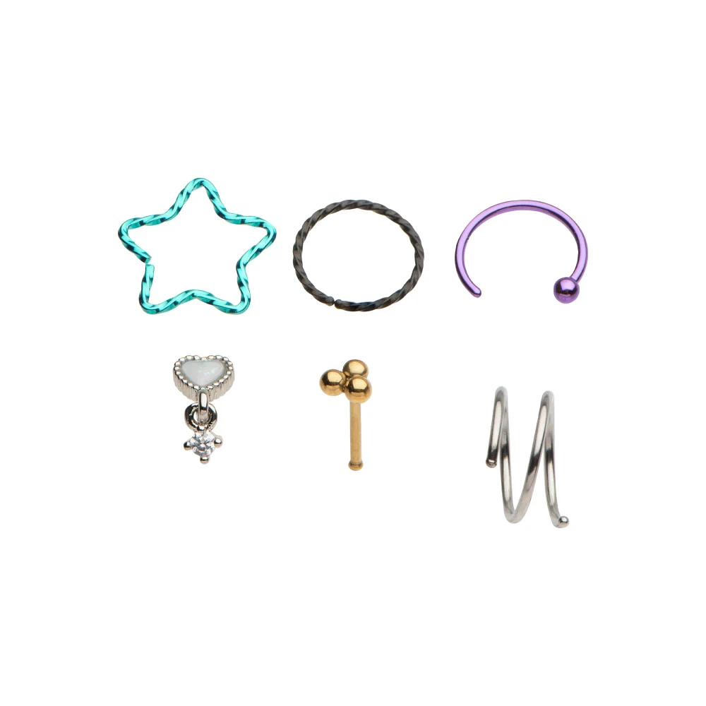 Multi-Pack Pastel Star and Heart Pin and Hoop Dangle Nose Rings 6 Pack - 20 Gauge