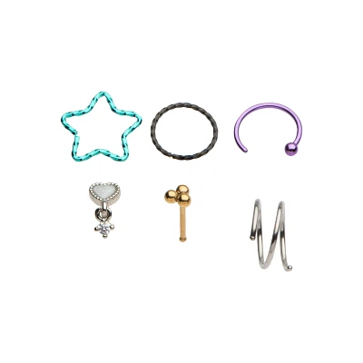 Multi-Pack Pastel Star and Heart Pin and Hoop Dangle Nose Rings 6 Pack - 20 Gauge