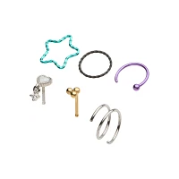 Multi-Pack Pastel Star and Heart Pin and Hoop Dangle Nose Rings 6 Pack - 20 Gauge