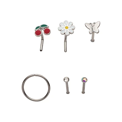Multi-Pack Butterfly Flower and Cherry L-Bend Nose Rings Nose Pins and Hoop Nose Rings 6 Pack - 20 Gauge