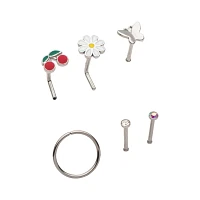 Multi-Pack Butterfly Flower and Cherry L-Bend Nose Rings Nose Pins and Hoop Nose Rings 6 Pack - 20 Gauge