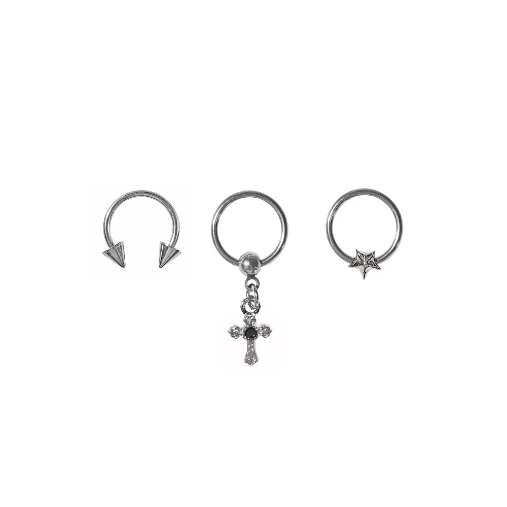 Multi-Pack Cross and Star Dangle Captive and Horseshoe Rings 3 Pack - 16 Gauge