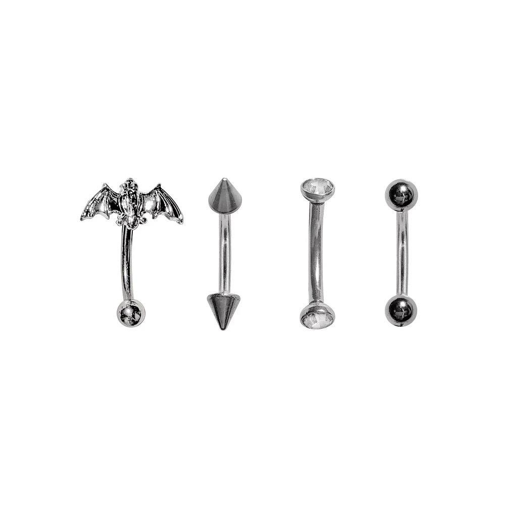 Multi-Pack Silver Bat and Spike Curved Barbells 4 Pack - 16 Gauge