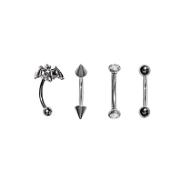 Multi-Pack Silver Bat and Spike Curved Barbells 4 Pack - 16 Gauge